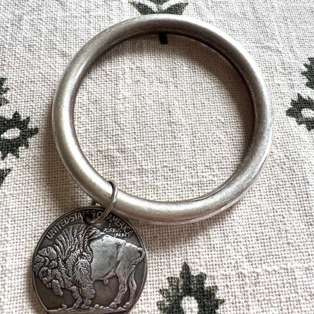 Junk Gypsy Silver Bangle with Buffalo Stampede Coin Charm